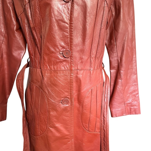 Vintage Dark Orange Leather Longline Trench Coat 70's Chic - Picture 9 of 10
